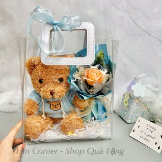 Set quà hoa gấu teddy xanh
