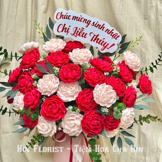 Lẵng hoa giấy handmade đỏ hồng