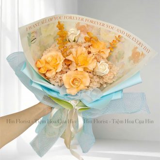 Bó hoa sáp cam mix hoa tú cầu khô
