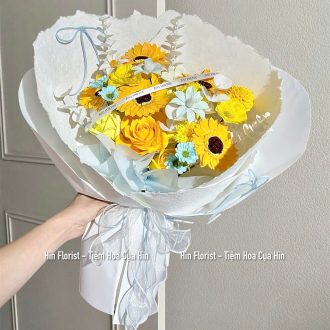 Bó hướng dương sáp mix xanh