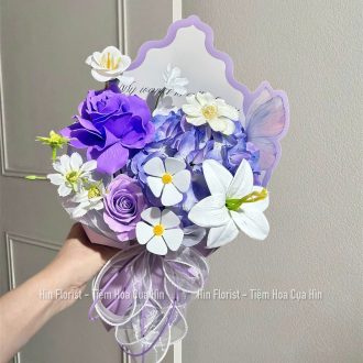 Hoa sáp mix lụa tím trắng 8b