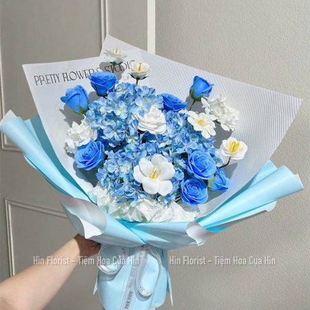 Hoa sáp mix tú cầu lụa xanh
