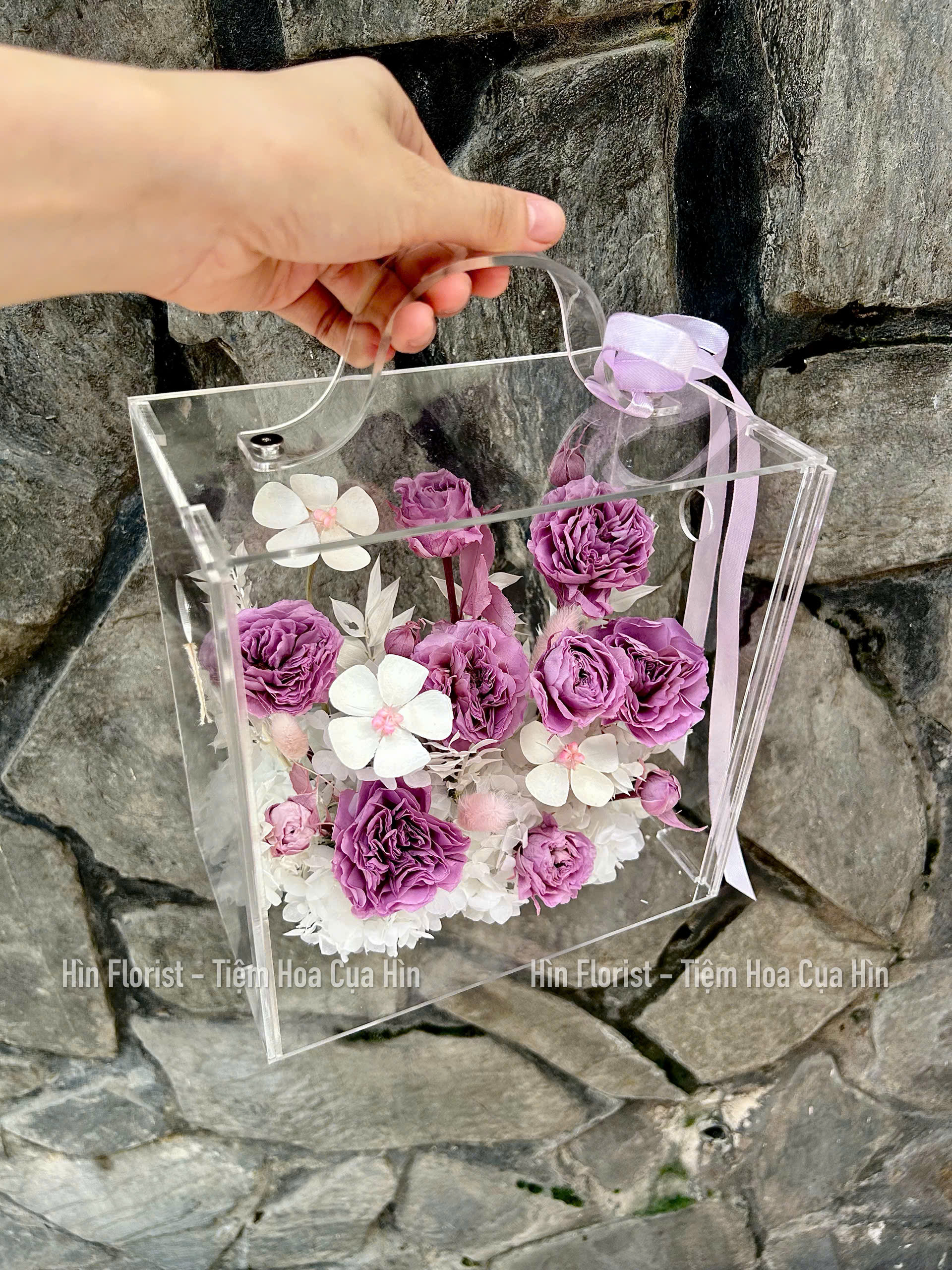 hộp hoa khô tím nhạt mini hộp hoa khô tím nhạt mini